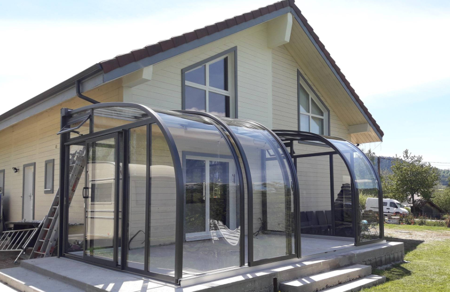 No glass, only polycarbonate panels, such a sunroom is too practical